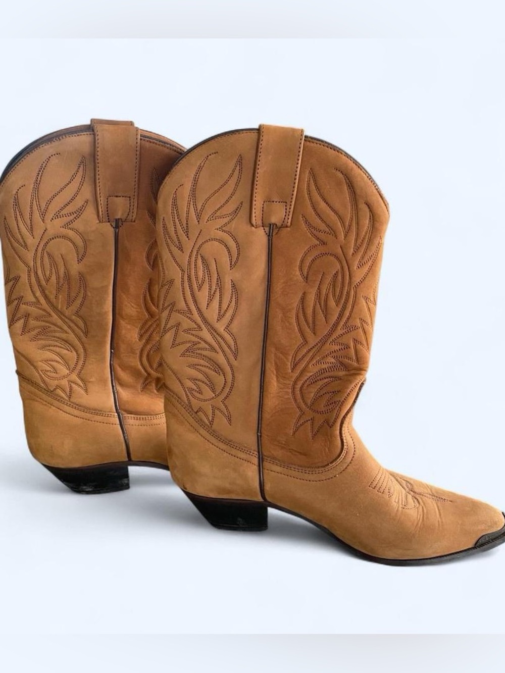 Women's Tan Suede Western Heeled Boots - Embroidered Pull-On Style